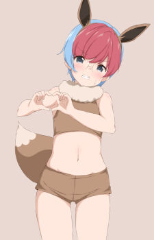 1girl animal_ear_hairband animal_ears blue_hair blush clenched_teeth cosplay cowboy_shot crop_top eevee eevee_(cosplay) embarrassed fake_animal_ears female_focus gen_1_pokemon glasses grey_eyes hairband heart heart_hands highres izuna_masaru loli looking_at_viewer midriff multicolored_hair navel neck_fur nintendo penny_(pokemon) pokemon pokemon_sv red_hair round_eyewear short_hair short_shorts shorts simple_background solo standing sweatdrop tail teeth thigh_gap two-tone_hair