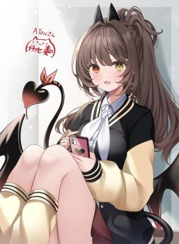 1girl absurdres blush breasts brown_hair cellphone commentary_request commission demon_tail earrings hair_intakes heterochromia highres holding holding_phone ichinose_(sorario) jewelry long_hair long_sleeves looking_at_viewer medium_breasts open_mouth original phone ponytail red_eyes second-party_source signature sitting skeb_commission smartphone socks solo star_(symbol) star_earrings tail yellow_eyes yellow_socks