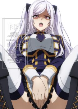 1girl alexia_midgar annoyed breasts commentary_request contempt_awe_(e.g.o) covering_crotch covering_privates e.g.o_(project_moon) english_text highres kage_no_jitsuryokusha_ni_naritakute! large_breasts long_hair makiri_akira paid_reward_available panties pantyshot partially_visible_vulva red_eyes skirt squatting underwear white_background white_hair