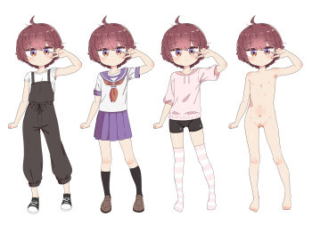 1girl absurdres ahoge bandaid bandaid_on_pussy barefoot bike_shorts black_overalls black_shorts black_socks blue_sailor_collar blue_skirt brown_eyes brown_hair brown_shoes closed_mouth completely_nude dot_mouth flat_chest highres leims_(urje8584) loli looking_at_viewer miniskirt multiple_views neckerchief nipples nude original overalls paid_reward_available pink_shirt pink_thighhighs pleated_skirt puffy_short_sleeves puffy_sleeves red_neckerchief sailor_collar sailor_shirt school_uniform serafuku shirt shoes short_hair short_shorts short_sleeves shorts skirt socks striped_clothes striped_thighhighs thighhighs v v_over_eye white_shirt