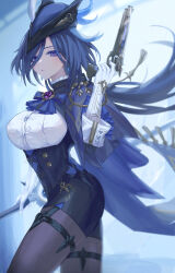 Rule 34 | 1girl, absurdres, ascot, aster (teslavision), black corset, black pantyhose, black skirt, blue ascot, blue cape, blue hair, blue hat, breasts, cape, clorinde (genshin impact), closed mouth, commentary request, corset, dark blue hair, drop earrings, earrings, elbow gloves, epaulettes, fold-over gloves, framed breasts, genshin impact, gloves, gun, hat, hat feather, high-waist skirt, highres, holding, holding gun, holding sword, holding weapon, jewelry, large breasts, long hair, long hair between eyes, looking at viewer, low ponytail, multicolored hair, pantyhose, pencil skirt, purple eyes, shirt, simple background, skirt, solo, streaked hair, sword, taut clothes, taut shirt, thigh strap, tricorne, very long hair, vision (genshin impact), weapon, white gloves, white shirt