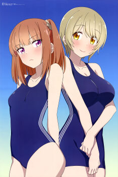2girls absurdres arms_behind_back bare_arms blonde_hair blue_background blue_one-piece_swimsuit blush breasts cleavage closers collarbone frown gradient_background hair_ornament hair_scrunchie hanzawa_jun highres hoshikuzu_telepath large_breasts looking_at_viewer megami_magazine multiple_girls official_art one-piece_swimsuit orange_hair purple_eyes raimon_matataki scan school_swimsuit scrunchie short_hair small_breasts smile standing swimsuit takaragi_haruno triple_vertical_stripe yellow_eyes