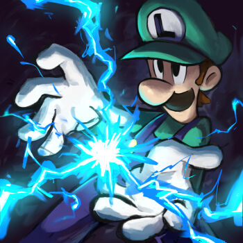 1boy big_nose blue_overalls brown_hair electricity electrokinesis facial_hair gloves green_hat green_shirt hat highres long_sleeves luigi male_focus mario_&amp;_luigi:_superstar_saga mario_&amp;_luigi_rpg mario_(series) masanori_sato_(style) mustache newsboy_cap nintendo official_style overalls shirt short_hair white_gloves yamari_(ya_mari_6363)