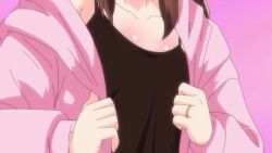 1boy 1girl animated anime_screenshot bed_sheet black_camisole black_hair black_socks blonde_hair blush breast_sucking breasts brown_eyes camisole cheating_(relationship) closed_eyes clothes_pull collarbone english_text green_shirt groin hand_on_another&#039;s_shoulder hetero highres hitozuma_no_kuchibiru_wa_kan_chuuhai_no_aji_ga_shite implied_sex jacket jewelry kuji_nozomi leg_lock licking_nipple loli lying mating_press mesugaki missionary moaning multicolored_hair navel nipple_stimulation on_back open_clothes open_jacket out-of-frame_censoring panties panties_around_leg pants pants_pull penis_awe petite pillow pink_jacket ring sex shirt small_breasts socks sound spread_legs stomach subtitled tagme tongue tongue_out tsuyoshi_(hitozuma_no_kuchibiru_wa_kan_chuuhai_no_aji_ga_shite) underwear undressing vaginal video wedding_ring