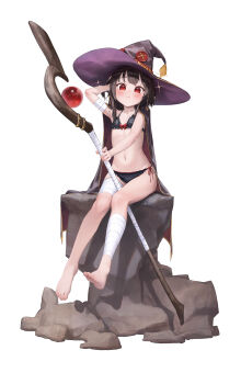 1girl absurdres arm_behind_head bandaged_arm bandaged_leg bandages bikini bingwei_huang black_bikini black_cape blush bow cape closed_mouth collarbone feet flat_chest full_body glint gold_trim hand_in_own_hair hat highres holding holding_staff kono_subarashii_sekai_ni_shukufuku_wo! large_hat legs light_smile loli looking_at_viewer mage_staff megumin navel no_shoes red_bow red_eyes rock short_hair_with_long_locks side-tie_bikini_bottom simple_background sitting soles solo staff stomach swimsuit toes white_background witch_hat