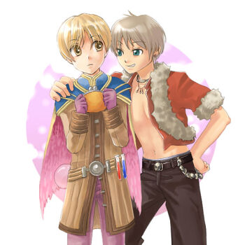 Rule 34 | 2boys, alchemist (ragnarok online), belt, black belt, black pants, blonde hair, blue cape, brown coat, cape, closed mouth, coat, commentary request, cowboy shot, dated commentary, expressionless, fur-trimmed shirt, fur cape, fur trim, green eyes, grey hair, grin, hand on another's shoulder, long sleeves, looking at another, looking to the side, male focus, multiple boys, navel, oomojiya, pants, purple pants, ragnarok online, red shirt, rogue (ragnarok online), shirt, short hair, short sleeves, smile, white background, yellow eyes