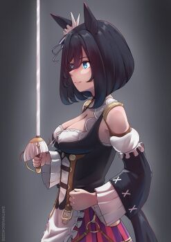 Rule 34 | 1girl, absurdres, animal ears, bare shoulders, black hair, blue eyes, bodice, breasts, cleavage, closed mouth, detached sleeves, dirndl, ear scrunchie, earthmusic40258, eishin flash (meisterschaft) (umamusume), eishin flash (umamusume), german clothes, hair between eyes, highres, holding, holding sword, holding weapon, horse ears, horse girl, horse tail, large breasts, long sleeves, medium hair, rapier, scrunchie, shirt, skirt, smile, solo, striped clothes, striped skirt, sword, tail, umamusume, vertical-striped clothes, vertical-striped skirt, weapon, white scrunchie, white shirt