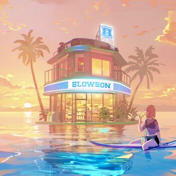 1girl bikini bikini_under_clothes brand_name_imitation building chromatic_aberration cloud convenience_store eating evening food highres holding holding_food juice_carton lawson medium_hair oar orange_hair orange_sky original palm_tree plant potted_plant saku_onono scenery see-through_clothes see-through_shirt shirt shop short_shorts shorts sign sitting sky solo sun sunset swimsuit tree water