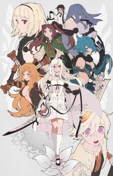 1boy 6+boys accord bare_shoulders black_bow black_hair black_hairband black_scarf blonde_hair blue_gloves blue_hair bow braid braided_bangs breasts brown_hair cape capelet cleavage commentary detached_sleeves drag-on_dragoon drag-on_dragoon_3 dress earrings elbow_gloves english_commentary facial_mark five_(drag-on_dragoon) flower flower_in_eye flower_over_eye forehead_mark four_(drag-on_dragoon) fur-trimmed_capelet fur_trim glasses gloves green_eyes hair_between_eyes hair_bow hair_ornament hairband holding holding_sword holding_weapon humanization jewelry kneehighs laaaicha long_hair looking_at_viewer lunar_tear mechanical_arms mikhail_(drag-on_dragoon) multiple_boys multiple_girls navel number_tattoo one_(drag-on_dragoon) open_mouth ponytail prosthesis prosthetic_arm purple_dress purple_eyes purple_hair red_eyes ribbon roman_numeral scarf short_hair siblings side_cape single_mechanical_arm sisters smile socks standing sword symbol_in_eye tattoo three_(drag-on_dragoon) twintails two_(drag-on_dragoon) two_side_up watermark weapon white_cape white_dress white_flower white_hair white_socks yellow_eyes zero_(drag-on_dragoon)