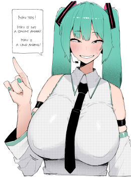 1girl alternate_breast_size_(larger) aqua_eyes aqua_hair aqua_nails armband bare_shoulders black_armband black_necktie blush breasts collared_shirt covered_erect_nipples detached_sleeves english_text fingernails half-closed_eyes hand_up hatsune_miku headset highres huge_breasts index_finger_raised long_hair looking_at_viewer microphone nail_polish necktie ohasi parted_lips shirt sleeveless sleeveless_shirt smile speech_bubble sweatdrop twintails vocaloid white_shirt