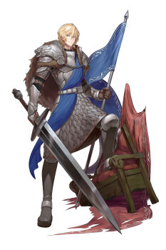 Rule 34 | 1boy, absurdres, armor, blonde hair, blue eyes, blue flag, borrowed character, breastplate, brown gloves, cape, commentary request, commission, flag, full armor, full body, fur cape, gloves, greatsword, highres, holding, holding flag, holding sword, holding weapon, mytea (soso), original, pauldrons, poleyn, short hair, shoulder armor, simple background, skeb commission, solo, sword, vambraces, weapon, white background
