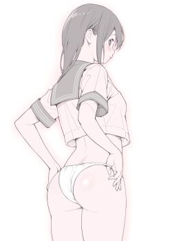 Rule 34 | 1girl, absurdres, adjusting clothes, adjusting panties, ass, blush, closed mouth, commentary request, cowboy shot, crop top, cropped shirt, greyscale, hair behind ear, highres, long hair, looking at viewer, looking back, macosee, monochrome, no pants, original, panties, sailor collar, sailor shirt, school uniform, shirt, sideways glance, solo, standing, straight hair, sweatdrop, underwear, wedgie