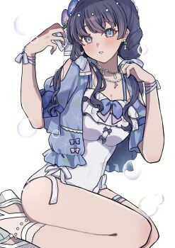 Rule 34 | 1girl, bare shoulders, bead necklace, beads, blue eyes, blue flower, blue hair, blue jacket, blue moment (love live!), blush, breasts, cleavage, commentary request, feet out of frame, flower, frilled one-piece swimsuit, frills, hair flower, hair ornament, hair over shoulder, highres, jacket, jacket over swimsuit, jewelry, lilac (li lac 3), link! like! love live!, long hair, looking at viewer, love live!, low twintails, medium breasts, murano sayaka, necklace, official alternate costume, one-piece swimsuit, open clothes, open jacket, parted lips, purple flower, seiza, short-sleeved jacket, short sleeves, simple background, sitting, solo, stirrup footwear, swimsuit, thigh strap, twintails, virtual youtuber, white background, white one-piece swimsuit