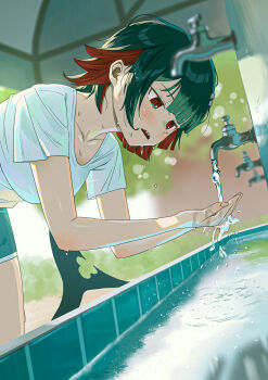 1girl absurdres alternate_costume bent_over black_hair blue_shorts blurry blurry_background blurry_foreground blush breasts collarbone colored_inner_hair ellen_joe fins fish_tail highres medium_breasts midfinger mole mole_under_eye multicolored_hair open_mouth outdoors red_eyes scar scar_on_tail shark_girl shark_tail shirt short_hair shorts sink solo t-shirt tail washing_hands water wet white_shirt zenless_zone_zero