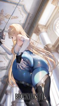 1girl ass ass_focus blonde_hair bodystocking breasts brown_dust_(series) brown_dust_2 curvy deep_skin expressionless from_behind gloves grabbing_own_ass hair_between_eyes hand_on_own_ass highres huge_ass large_breasts long_hair lower_body official_art palace skin_tight solo spread_ass thick_thighs thighs very_long_hair white_gloves wide_hips wilhelmina_(brown_dust) wilhelmina_(iron_monarch)_(brown_dust_2) wilhelmina_stretch_(meme)