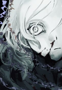 blank_eyes blank_stare blood closed_mouth creepy_eyes dark_background expressionless grey_hair highres hollow_eyes horror_(theme) looking_at_viewer nosebleed otto_suewen pale_skin re:zero_kara_hajimeru_isekai_seikatsu shen1461889 short_hair solo staring unamused upper_body