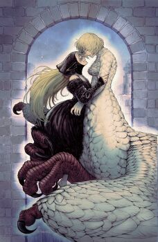 2girls artist_name bare_shoulders black_dress black_headscarf blonde_hair blush body_fur breasts centauroid chimera claws commentary dress dungeon_meshi elf english_commentary eye_contact face-to-face falin_touden falin_touden_(chimera) feathered_wings feathers feriowind flat_chest floating from_side fur-trimmed_dress fur_trim hair_between_eyes halfling hand_on_another&#039;s_arm hatching_(texture) headscarf highres indoors large_breasts long_hair long_sleeves looking_at_another marcille_donato marcille_donato_(lord) monster_girl multiple_girls open_mouth pointy_ears profile red_scales scales short_hair signature size_difference sleeves_past_wrists stone_wall talons taur white_feathers wings yuri