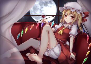 1girl :d absurdres arm_support bare_legs barefoot blonde_hair blush commentary_request couch crystal cup drinking_glass fang feet flandre_scarlet full_body full_moon hat hat_ribbon highres holding holding_cup kashiwagi_yamine knee_up legs looking_at_viewer medium_hair mob_cap moon night on_couch open_mouth puffy_short_sleeves puffy_sleeves red_eyes red_ribbon red_skirt red_vest revision ribbon short_sleeves sitting skirt sky smile solo star_(sky) starry_sky touhou vest wine_glass wings