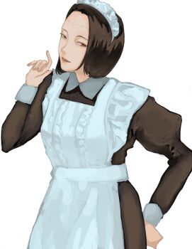 1girl alternate_costume apron black_hair bob_cut breasts brown_eyes cowboy_shot enmaided highres itadori_kaori jujutsu_kaisen kenjaku koha_dasuima maid maid_headdress medium_breasts short_hair simple_background solo stitched_forehead white_apron white_background