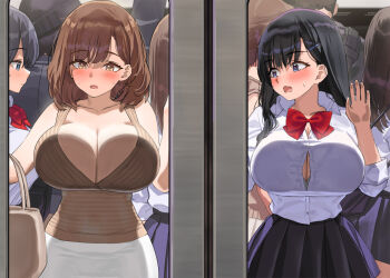 6+girls black_hair blue_eyes blue_skirt blush breast_press breasts brown_hair brown_sweater button_gap cleavage collarbone commentary_request hair_ornament hairclip kaisen_chuui large_breasts long_hair medium_hair multiple_girls open_mouth original pleated_skirt school_uniform skirt sleeveless sleeveless_sweater sweater train_interior yellow_eyes