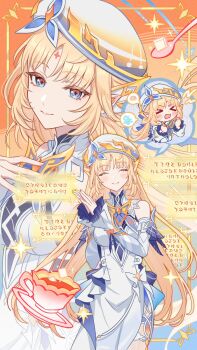 >_< 1girl bare_shoulders beret blonde_hair blue_eyes blush breasts chibi chibi_inset closed_eyes commentary_request commission cross-shaped_pupils cup detached_sleeves dress ear_covers facial_mark forehead_mark genshin_impact halter_dress halterneck hat highres long_hair looking_at_viewer medium_breasts miz_(mi) multiple_views nicole_(genshin_impact) open_mouth own_hands_together pointy_ears saucer smile spoken_character sugar_cube symbol-shaped_pupils teacup teaspoon video_game_dialogue_box wavy_mouth white_dress white_hat white_sleeves