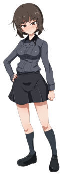 1girl alternate_hairstyle blush breasts brown_eyes brown_hair closed_mouth full_body girls_und_panzer hand_on_own_hip jinguu_(4839ms) kuromorimine_school_uniform large_breasts looking_at_viewer miniskirt nishizumi_maho school_uniform short_hair simple_background skirt solo white_background