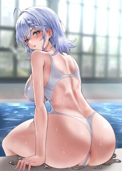 1girl ahoge ass back bare_arms blue_eyes blue_hair blush braid breasts commentary_request covered_erect_nipples grey_hair highres large_breasts lds_(dstwins97) looking_at_viewer looking_back medium_hair open_mouth original partially_visible_vulva pool poolside racerback shoulder_blades sitting swimsuit thighs v-shaped_eyebrows wet window