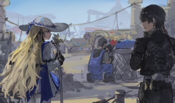 absurdres black_gloves black_hair black_jacket black_pants black_ribbon blonde_hair blue_sash fish fisherman flower gloves grey_background harbor hat highres ian46166491 jacket long_hair male_rover_(wuthering_waves) pangu_terminal_(wuthering_waves) pants phoebe_(wuthering_waves) red_flower ribbon rover_(wuthering_waves) sash shirt skirt white_hat white_skirt wuthering_waves yellow_eyes