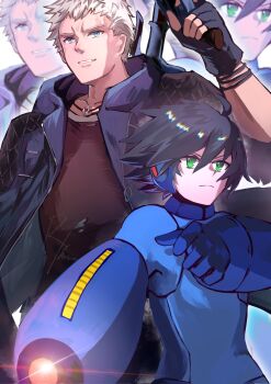 2boys arm_cannon black_hair blue_eyes capcom company_connection cowboy_shot crossover devil_may_cry_(series) devil_may_cry_5 green_eyes gun hashtag-only_commentary highres holding holding_gun holding_weapon male_focus mega_man_(character) mega_man_(classic) mega_man_(series) multiple_boys nero_(devil_may_cry) short_hair weapon white_hair xirenl