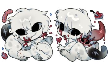 1boy adoptable blood blood_from_mouth blood_on_face blood_on_hands centauroid chibi claws colored_skin commentary dilnyan03 english_commentary extra_eyes full_body heart heart_(organ) highres intestines male_focus monster_boy multiple_views original ribs scar scar_on_chest short_hair simple_background tail taur tentacles tongue tongue_out white_background white_hair white_skin