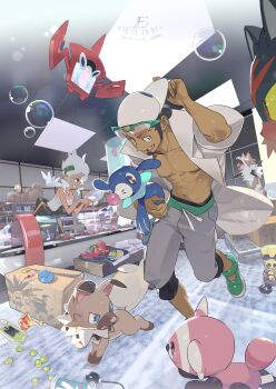 1boy 1girl adrenaline_orb artist_name backwards_hat baseball_cap berry_(pokemon) black_eyes black_hair black_pants blue_eyes bottle_cap box breasts brown_eyes bubble professor_burnet closed_mouth coat colored_sclera dark-skinned_female dark-skinned_male dark_skin dated dutch_angle e_volution elbow_rest figy_berry floating folded_clothes gen_3_pokemon gen_4_pokemon gen_7_pokemon gold_bottle_cap_(pokemon) green_shoes grey_pants hair_bun hat highres holding holding_mirror holding_pokemon indoors jewelry professor_kukui lab_coat leaning_forward litten long_hair looking_at_another luchador_mask luvdisc lycanroc lycanroc_(midday) mask medium_breasts mirror navel necklace nintendo nose_bubble open_clothes open_coat open_mouth pants pants_rolled_up poke_ball poke_ball_(basic) pokedex pokemon pokemon_(creature) pokemon_sm popplio rockruff rotom rotom_dex rowlet seed shoes short_hair smile snot standing starter_pokemon_trio statuette stufful tank_top teeth unworn_mask upper_teeth_only walking water white_coat white_hair white_hat white_tank_top yellow_sclera z-crystal