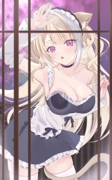 1girl :o against_glass animal_ears apron arm_up between_legs black_choker black_dress blonde_hair blunt_bangs breasts cat_ears cat_tail choker cleavage collarbone cowboy_shot detached_sleeves dress fang floating_hair frilled_apron frilled_dress frills hana_mii hand_up indie_virtual_youtuber large_breasts leaning_forward light_blush long_hair looking_at_viewer minatoyui3710 mole mole_on_breast open_mouth purple_eyes short_dress solo strap_pull strapless strapless_dress tail tail_between_legs thighhighs very_long_hair virtual_youtuber white_apron white_sleeves white_thighhighs