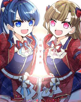 2girls blue_eyes blue_skirt blue_vest bow bowtie brown_hair collared_shirt commentary dollchestra dress_shirt hair_bow hair_intakes half_updo highres jacket kachimachi_kosuzu kanduki_kamibukuro lens_flare link!_like!_love_live! long_hair looking_at_viewer love_live! multiple_girls murano_sayaka official_alternate_costume official_alternate_hairstyle open_clothes open_jacket pink_eyes plaid_bow plaid_bowtie plaid_clothes plaid_jacket plaid_skirt ponytail red_bow red_bowtie red_jacket red_skirt shirt simple_background skirt taiyou_de_are! two-tone_skirt v-shaped_eyebrows vest virtual_youtuber white_background white_shirt