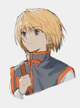 1boy blonde_hair closed_mouth cropped_arm cropped_torso earrings grey_eyes hashtag-only_commentary highres holding_strap hunter_x_hunter jewelry kurapika male_focus sevenlistening simple_background solo upper_body white_background