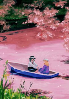 Rule 34 | 2girls, black hair, black hat, black skirt, blonde hair, boat, cherry blossoms, closed eyes, dress, hat, highres, holding, holding oar, kihaji140, long hair, maribel hearn, medium hair, mob cap, multiple girls, necktie, oar, open mouth, pink water, purple dress, purple eyes, red necktie, rowboat, rowing, shirt, shirt tucked in, sitting, skirt, smile, touhou, usami renko, water, watercraft, white hat, white shirt, wide shot