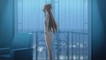 10s animated animated_gif asuna_(sao) attack bra brown_hair hitting lingerie long_hair lowres panties sword_art_online tears underwear