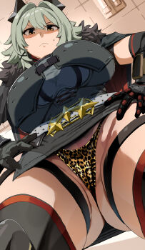 Rule 34 | 1girl, absurdres, animal print, ass, bakkanki, black dress, black gloves, black horns, black thighhighs, blush, breasts, brown eyes, caesar king (zenless zone zero), cameltoe, dress, elbow gloves, gloves, gluteal fold, green hair, hair intakes, highres, horns, large breasts, leopard print, leopard print panties, long sleeves, looking at viewer, medium hair, panties, print panties, shaded face, short dress, solo, thighhighs, underwear, yellow panties, zenless zone zero