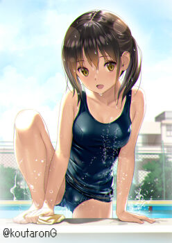 1girl :d bare_arms bare_legs bare_shoulders barefoot black_hair blue_one-piece_swimsuit blue_sky breasts brown_eyes brown_hair chain-link_fence cloud cloudy_sky collarbone commentary_request day fence koutaro long_hair medium_breasts multicolored_hair old_school_swimsuit one-piece_swimsuit open_mouth original outdoors pool poolside school_swimsuit sky smile solo streaked_hair swimsuit twitter_username wet wet_clothes wet_swimsuit