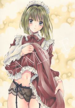 Rule 34 | 1girl, arm at side, black garter straps, black panties, bow, bow panties, bowtie, brooch, choppy bangs, commentary request, cowboy shot, dress, fingernails, frilled dress, frilled panties, frills, garter straps, gluteal fold, green hair, grey eyes, hand up, highres, jewelry, lace, lace panties, lingerie, looking at viewer, maid, maid headdress, marker (medium), midriff, navel, orange background, original, panties, parted lips, red bow, red bowtie, red dress, sample watermark, short hair, solo, standing, traditional media, underwear, watermark, xx kosuzu xx