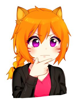 1girl alternate_costume animal_ears black_jacket braid braided_ponytail breasts cat_ears cat_girl closed_mouth commission commissioner_upload cropped_torso dated_commentary deformed facial_mark facing_viewer fire_emblem fire_emblem:_radiant_dawn hair_between_eyes hand_on_own_chin hand_up highres jacket laguz_(fire_emblem) light_blush long_hair long_sleeves looking_ahead lyre_(fire_emblem) nintendo non-web_source open_clothes open_jacket orange_hair pink_shirt purple_eyes shirt simple_background small_breasts solo takai_seika thinking transparent_background upper_body v-shaped_eyebrows whisker_markings