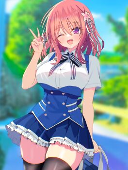 Rule 34 | 1girl, ;d, absurdres, arm behind back, bag, black bow, black bowtie, black thighhighs, blue skirt, blurry, blurry background, bow, bowtie, breasts, buttons, collared shirt, commentary request, cowboy shot, day, double-breasted, eyes visible through hair, flower, frilled skirt, frills, hair between eyes, hair flower, hair ornament, hair ribbon, hand up, happy, highres, holding, holding bag, kimi no tonari de koishiteru!, komatsu rina, large breasts, looking at viewer, medium hair, one eye closed, open mouth, outdoors, pink flower, pink hair, pleated skirt, purple eyes, ribbon, sakuratoru, school uniform, shirt, short sleeves, skirt, smile, solo, suspender skirt, suspenders, thighhighs, thighs, v, white ribbon, white shirt, zettai ryouiki