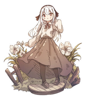 1girl brown_eyes brown_shoes brown_skirt chipie_0114 flower full_body hand_up highres long_hair looking_at_viewer original pantyhose shirt shoes skirt standing white_hair white_shirt
