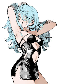 1girl alternate_costume armpits arms_up bare_shoulders ben-day_dots black_dress blue_hair breasts clothing_cutout collarbone commentary cowboy_shot dated_commentary dress green_eyes grin hair_down hands_in_own_hair highres long_hair looking_at_viewer medium_breasts navel navel_cutout one_eye_closed otimusyairoha presenting_own_armpit screentones seed_(zenless_zone_zero) simple_background smile solo twitter_username white_background zenless_zone_zero