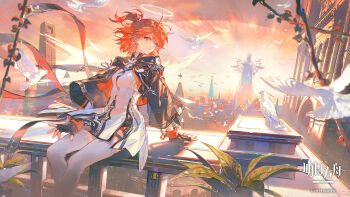 1girl arknights artist_name bird black_gloves black_jacket breasts city copyright_name dress exusiai_(arknights) exusiai_the_new_covenant_(arknights) fingerless_gloves gloves hair_over_one_eye halo highres jacket long_sleeves looking_at_viewer medium_breasts medium_hair official_art on_railing one_side_up open_clothes open_jacket railing red_eyes renjian_shilian sitting solo statue thighhighs white_bird white_dress white_thighhighs wide_sleeves wind wings