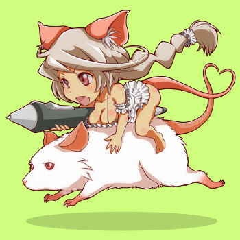 Rule 34 | 1girl, animal ears, ao usagi, breasts, chibi, cleavage, female focus, frills, grey hair, heart, heart tail, long hair, mouse (animal), mouse ears, mouse tail, open mouth, original, pen, ponytail, shadow, shiro nezumi, simple background, solo, strap gap, stylus, tail, very long hair