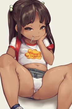 1girl ass backpack bag belly breasts brown_eyes brown_hair candy chupa_chups clothes_lift dark-skinned_female dark_skin driftingtiger female_focus food grey_background grey_skirt hair_bobbles hair_ornament hand_on_own_cheek hand_on_own_face hand_on_own_thigh highres leaning_back loli lollipop long_hair looking_at_viewer mesugaki midriff miniskirt naughty_face navel original panties plump randoseru shirt short_sleeves simple_background sitting skirt skirt_lift small_breasts smile solo spread_legs stomach thick_thighs thighs twintails underwear white_panties white_shirt