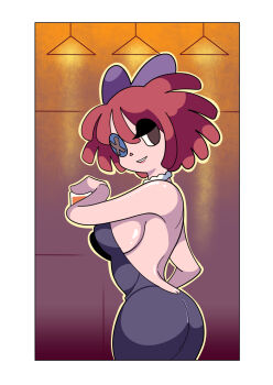 1girl ass bare_legs black_dress breasts button_eye buttons cocktail_dress dress drink glitch_productions highres ragatha_(the_amazing_digital_circus) red_hair the_amazing_digital_circus