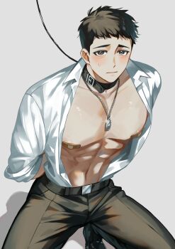 1boy abs absurdres arms_behind_back bandaid bandaids_on_nipples belt_collar black_hair blush collar collared_shirt commentary dog_tags foot_out_of_frame highres jewelry leash lee_hyunsung looking_at_viewer male_focus muscular muscular_male necklace nervous_sweating nipples omniscient_reader's_viewpoint open_clothes open_shirt papercider pasties pectorals shirt shirt_tucked_in short_hair sleeves_rolled_up solo sweat symbol-only_commentary white_shirt