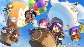 ahoge aircraft arthur_(fire_emblem_fates) artist_request azelle_(fire_emblem) balloon basket beads bird black_hair blonde_hair blue_hair bodysuit book brown_eyes brown_hair canas_(fire_emblem) cape cath_(fire_emblem) chibi circlet cloud colored_skin confetti dark-skinned_female dark_skin dragon_girl dragon_wings feh_(fire_emblem_heroes) fingerless_gloves fire fire_emblem fire_emblem:_genealogy_of_the_holy_war fire_emblem:_mystery_of_the_emblem fire_emblem:_path_of_radiance fire_emblem:_the_binding_blade fire_emblem:_the_blazing_blade fire_emblem:_the_sacred_stones fire_emblem:_three_houses fire_emblem_awakening fire_emblem_echoes:_shadows_of_valentia fire_emblem_engage fire_emblem_fates fire_emblem_heroes flying gloom_(expression) gloves green_eyes grey_skin hanging_on headband highres holding holding_book hot_air_balloon kronya_(fire_emblem) linde_(fire_emblem) long_hair mia_(fire_emblem) monocle myrrh_(fire_emblem) navel nintendo o_o official_art one_eye_closed orange_hair owl pointing ponytail purple_eyes purple_hair python_(fire_emblem) red_eyes scarf signature sky smile teardrop_facial_mark tharja_(fire_emblem) timerra_(fire_emblem) two_side_up very_long_hair wings