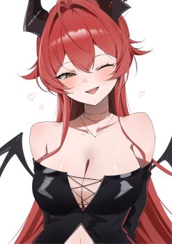 1girl absurdres ahoge alternate_costume arms_behind_back bare_shoulders black_shirt blush breasts cleavage cross-laced_clothes demon_horns demon_wings goddess_of_victory:_nikke gvmmr hair_between_eyes heart highres horns jewelry large_breasts long_hair looking_at_viewer necklace off-shoulder_shirt off_shoulder one_eye_closed open_mouth red_hair red_hood_(nikke) sharp_teeth shirt simple_background smile solo teeth upper_body upper_teeth_only white_background wings yellow_eyes